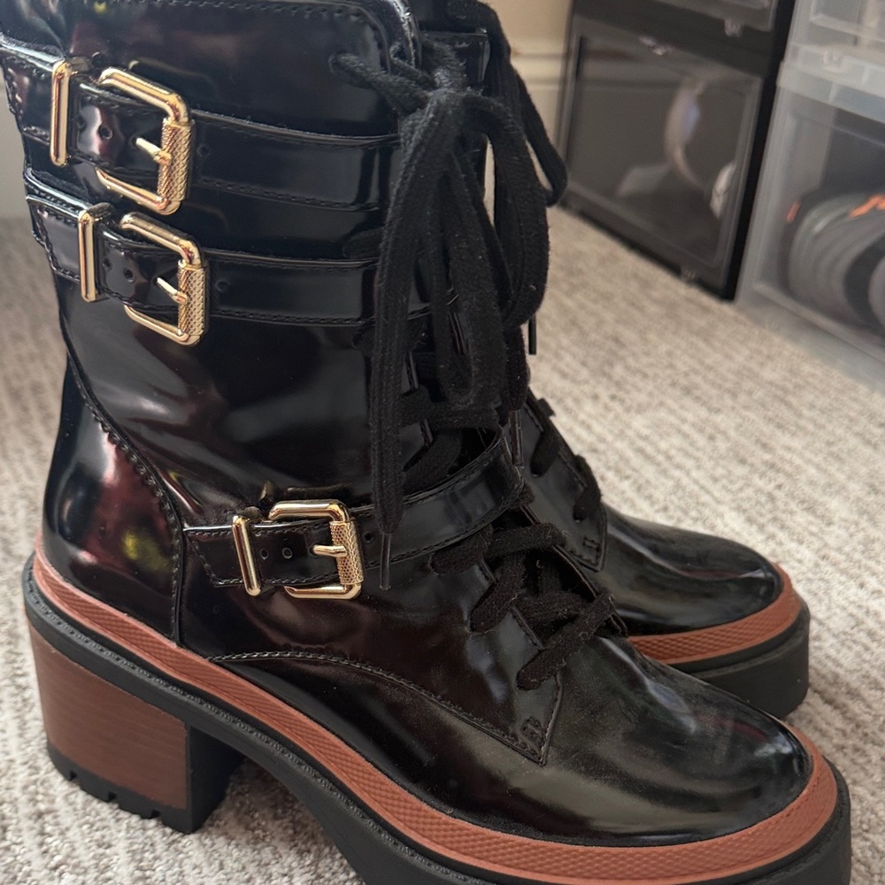 Jessica Simpson Black Lace Up Boots with Gold Buckles